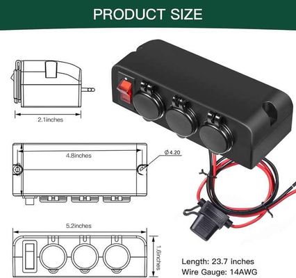 12V/24V 3 Port Cigarette Lighter Adapter Charger With Multi-Functions Panel