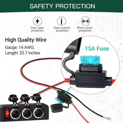 12V/24V 3 Port Cigarette Lighter Adapter Charger With Multi-Functions Panel