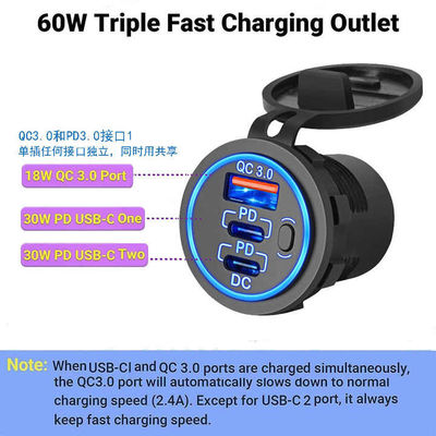 90W Dual PD+QC3.0 3 Port USB Car Charger Quick Charging 3.0 12V Outlet Wire