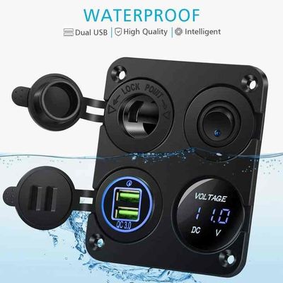 Waterproof Dual QC3.0 36W Car Charger Adapter ABS PC Voltage Display Switch