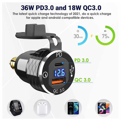 QC3 0 PD 54W Aluminum Dual Port USB Car Charger 12-24V Voltage Monitoring