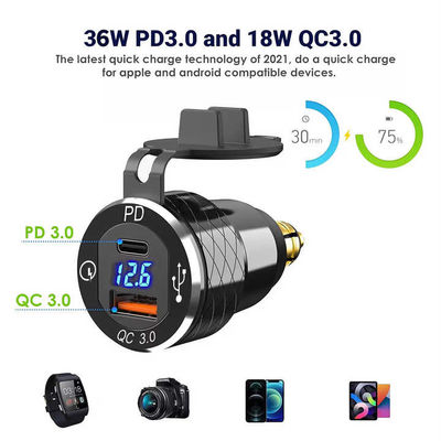 54W PD QC3.0 2 Port Motorcycle Phone Charger Aluminum Alloy Motorbike Usb Socket