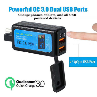 36W QC3.0 SAE Dual USB Motorcycle Iphone Charger With Switch 12-24V