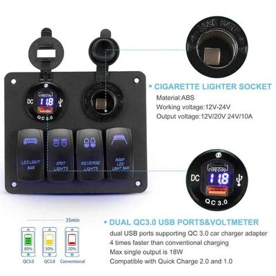 Panel Sakelar Laut 4 Gang 12V/24V Tahan Air USB Ganda + Pemantik Rokok