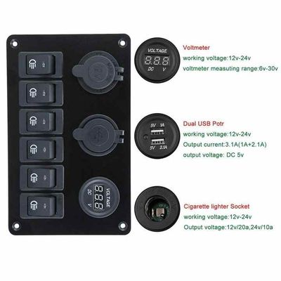 Dual USB LED Voltmeter 6 Gang Marine Switch Panel DC12V/24V Compact