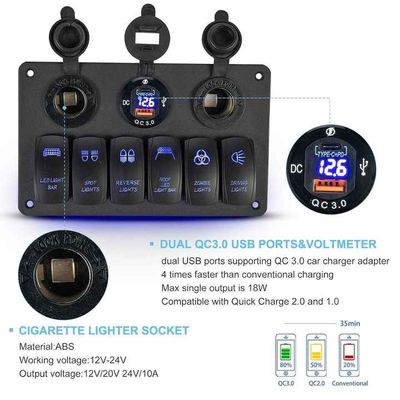 IP67 Waterproof  6 Gang Marine Rocker Switch Panel With Dual USB Lighter Socket Voltmeter