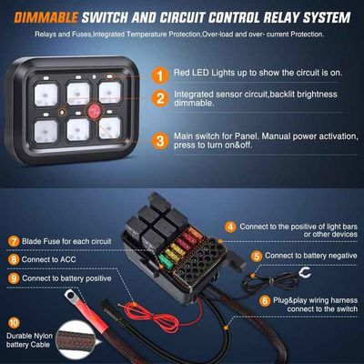 6 Gang Toggle Switch Panel Universal Auto Dimmable LED Relay Switch Panel Fused Harness