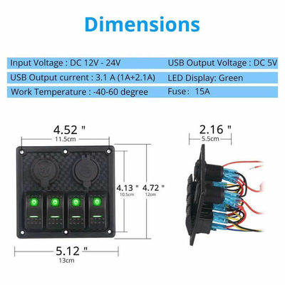 4 Gang Rocker Switch Panel 15W Dual USB 12V Power Outlet Waterproof