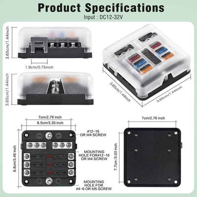 Compact 12V 6 Way Blade Fuse Holder Waterproof Fuse Panel With LED Indicator Cover