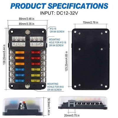12Volt 12 Circuit Fuse Block LED Waterproof Independent Pos / Neg