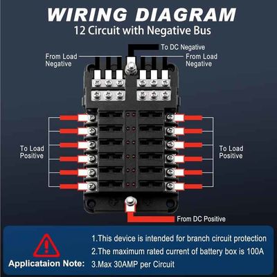 12Volt 12 Circuit Fuse Block LED Waterproof Independent Pos / Neg
