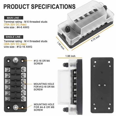 12V/24V 6 Circuit Fuse Block W/Neg Bus Automotive Fuse Block Waterproof