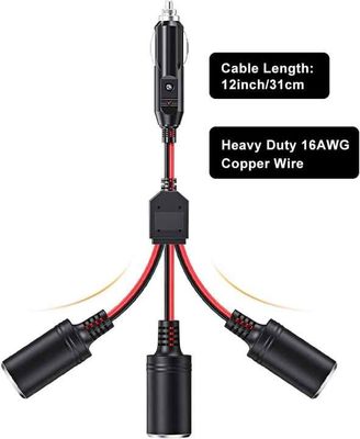 3 Way Cigarette Lighter Splitter Wiring Harness 12 Inch 16AWG 15A Car Power Splitter