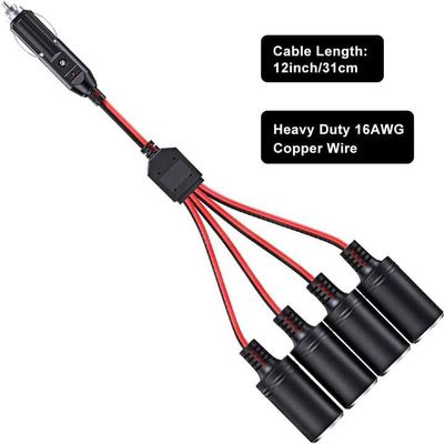 12V 24V 4 Arah Kabel Plug Splitter 12 Inci Pemisah Plug Pemantik Rokok 16AWG 15A