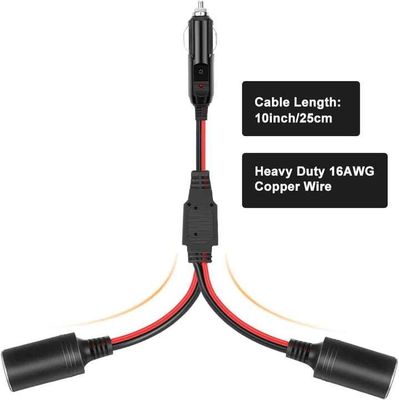 Two Way Cigarette Lighter Splitter Y Adapter 10inch 16AWG  15A Fuse 12V 24V