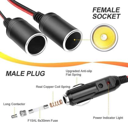 Two Way Cigarette Lighter Splitter Y Adapter 10inch 16AWG  15A Fuse 12V 24V