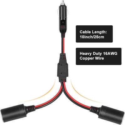 12V 24V 2 Way Cigarette Lighter Splitter Y Adapter 10 Inch 15A Fuse