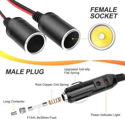 12V 24V 2 Way Cigarette Lighter Splitter Y Adapter 10 Inch 15A Fuse