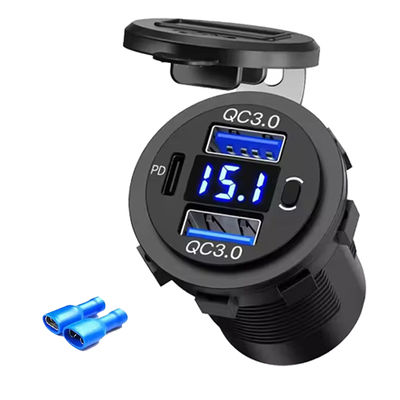 Buy Waterproof 12V 24V Vehicle Dual QC3.0 + PD USB Charger Socket with Voltage Display Power Outlets online manufacture