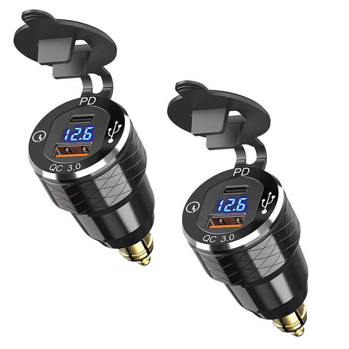 54W PD QC3.0 2 Port Motorcycle Phone Charger Aluminum Alloy Motorbike Usb Socket