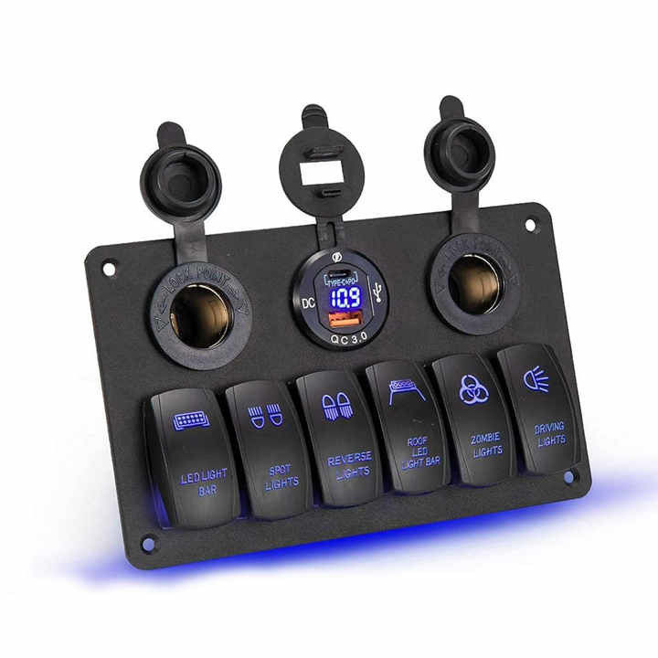 IP67 Waterproof  6 Gang Marine Rocker Switch Panel With Dual USB Lighter Socket Voltmeter