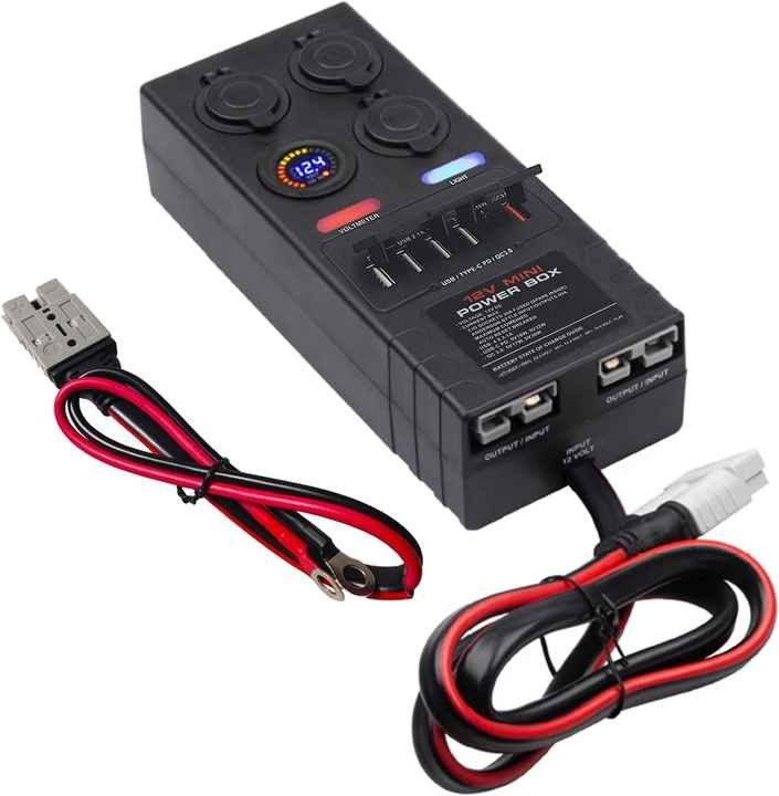Mini 50A 12VDC Outdoor RV Power Distribution Box 6 USB 3 Cig Sockets